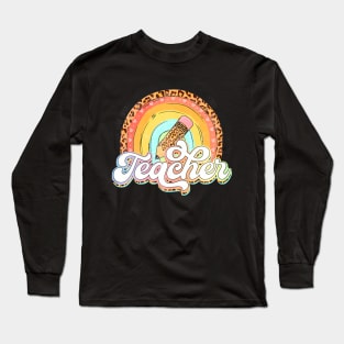 Teach Love Inspire Rainbows Teacher Leopard Back To School Long Sleeve T-Shirt